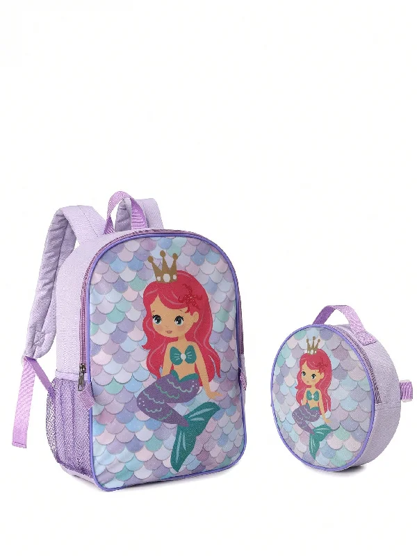 Kids' Fashionable Unicorn Backpack And Lunch Bag Set With Matching Pattern, Featuring Classic Artistic Illustration, Thick Adjustable Shoulder Straps, Zipper Closure. The Lunch Box Comes With A Zipper And Handle For Reusable . Suitable For Boys And Girls