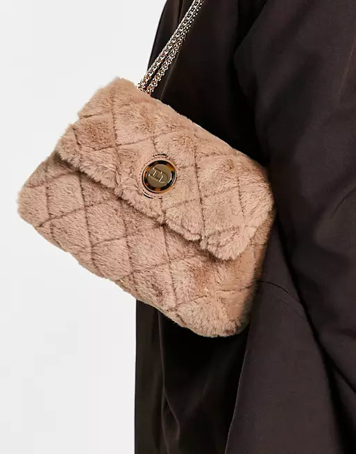 Dune Quilted Borg Faux fur crossbody bag -Nude