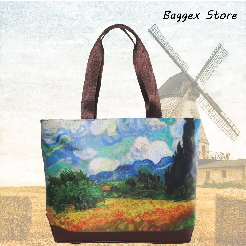 Masterpiece Painting Tote Bag(Vincent Van Gogh-A Wheatfield with Cypresses)