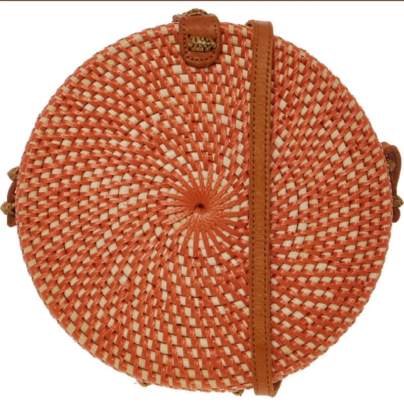 Orange Round Rattan Crossbody Bag